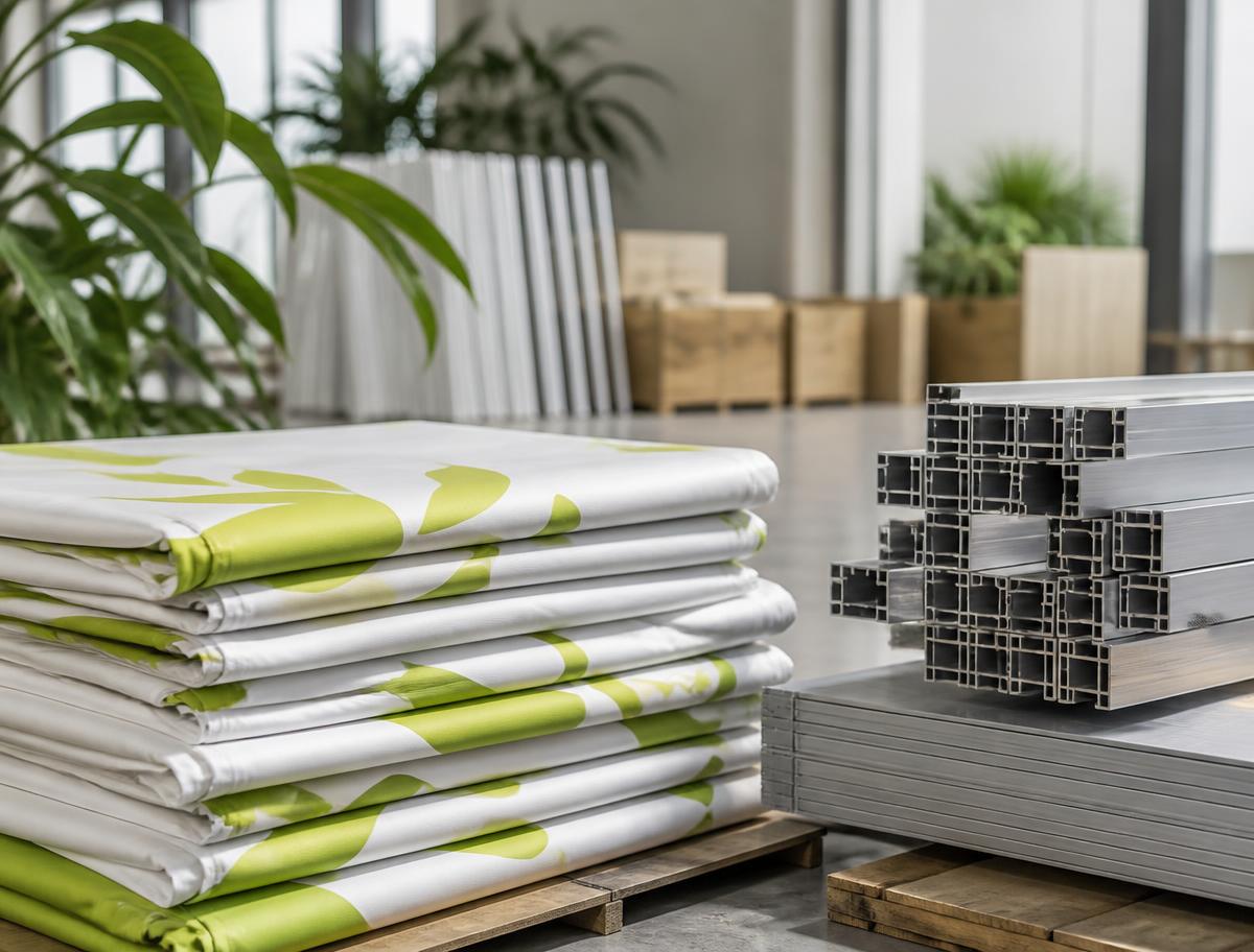 Folded fabrics and aluminum profiles stored for reuse in future events